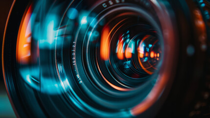 Macro shot of a camera lens aperture in low light, focusing on the details of the lens rings