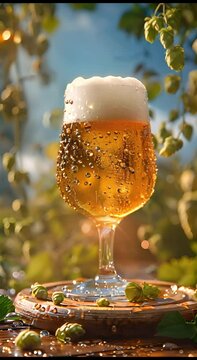 Cool fresh beer with a few hop buds stands on a wooden board in front of a blue sky in the sunshine. A refreshing vertical drink video that leaves you wanting more.