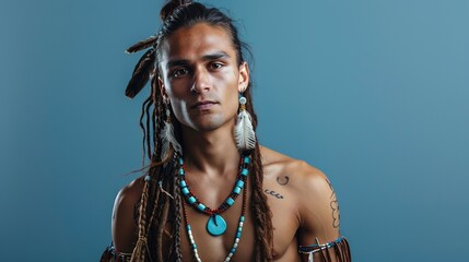 Confident native American man with stylish braided hair and jewelry standing on a blue background