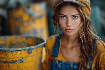 A striking portrait of a freckled young woman in a hat, surrounded by paint-splattered industrial buckets - obrazy, fototapety, plakaty