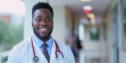 Confident African American male doctor smiling warmly, in medical office background.