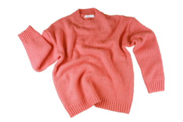 Red flying crumpled women's autumn knitted sweater isolated on white, transparent background. Creative clothing concept, trendy cozy creasy jersey pullover. Fashion, sale, autumn discount