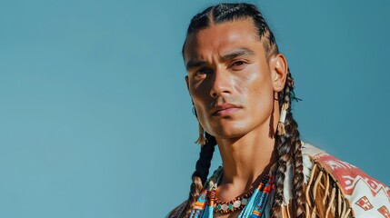 Confident native American man with stylish braided hair and jewelry standing on a blue background