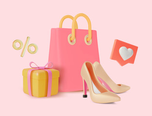 3d Shopping Clothing Concept Background Cartoon Design Style with Paper Bag, Gift Box and High Heels. Vector illustration