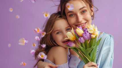 Obraz na płótnie Canvas Playful and affectionate moment between mother and daughter with a fresh bouquet of tulips, celebrating Mother's Day against a purple backdrop. 