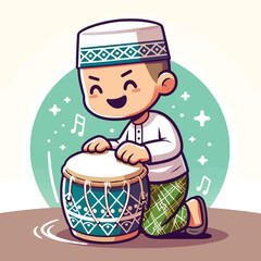 illustration of a Muslim boy beating a bedug in a flat design style