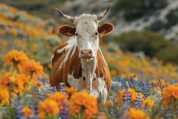 An alert brown and white cow standing amidst wild orange flowers, gazing at the camera with interest
