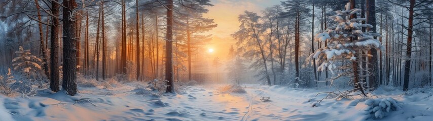 panoramic view 32:9 landscape trees full of snow in winter with pine trees