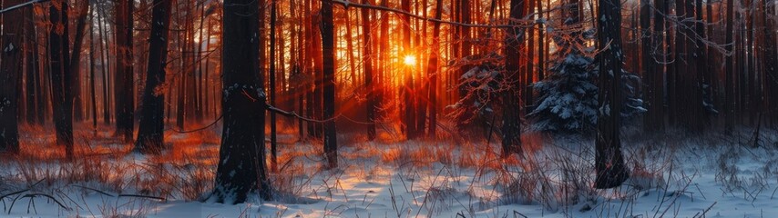 panoramic view 32:9 landscape sunrise behind trees in winter