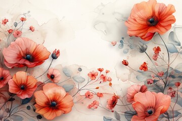 Creative illustration of delicate watercolor flowers in warm shades with translucent botanical elements, ideal for backgrounds, wallpapers, or textile design..