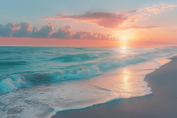 tranquil sunset over serene sea waves on a pristine beach - obrazy, fototapety, plakaty