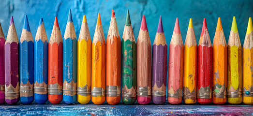 Row of sharpened colored pencils against blue