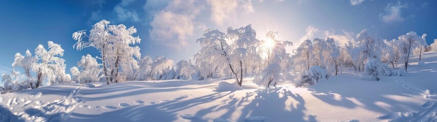 panoramic view 32:9 landscape sunrise behind trees in winter covered with snow in high resolution