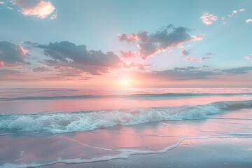 tranquil sunset over serene beach waves, a peaceful evening seascape with soft clouds - obrazy, fototapety, plakaty