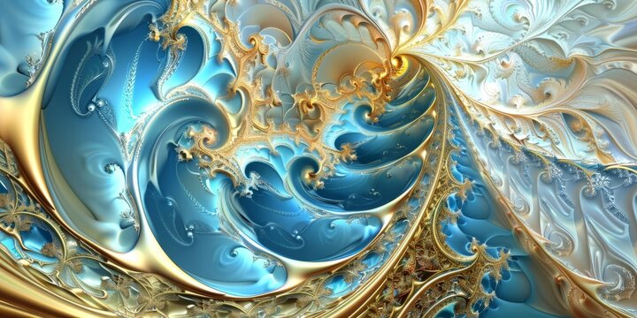 Elegant abstract fractal art featuring intricate golden swirls against a soothing blue backdrop..