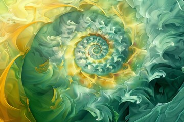 An abstract digital artwork that evokes textures of ocean waves and plant foliage, captured with a focus on the interplay of yellow, blue and green hues..