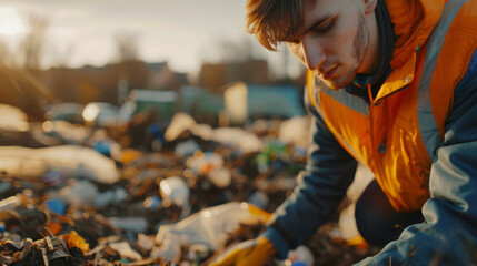 A close-up of a young volunteer cleaning up garbage, underscoring the global pollution issue. - obrazy, fototapety, plakaty