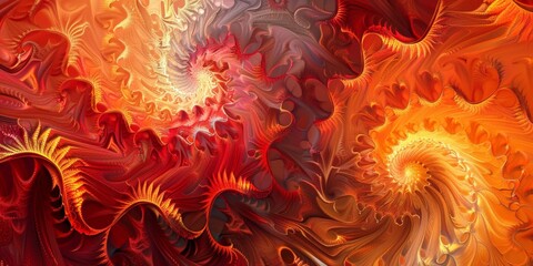 Elegant abstract fractal art depicting swirling red, golden and orange waves with a luxurious feel for creative backgrounds..