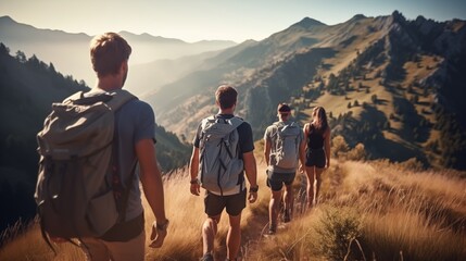 a candid photo of a family and friends hiking together in the mountains in the vacation trip week. sweaty walking in the beautiful american nature. - Powered by Adobe
