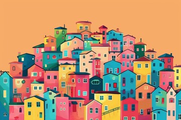 A vibrant, colorful illustration of stacked urban houses in a variety of warm tones against a soft orange background..