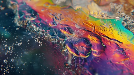A rainbow colored liquid is seen. Liquid metal, crystalline and geological forms. Generated by artificial intelligence.