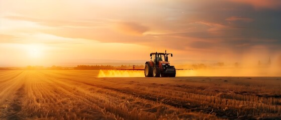 Fototapeta premium tractor in the field with the sunset in the background