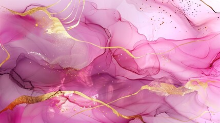 Alcohol ink painting. Blush pink and gold marble background with watercolor textures. Beautiful and elegant, with golden cracks on the surface. Generated by artificial intelligence.