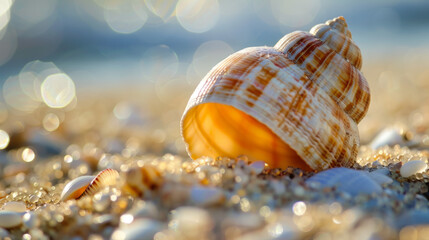 Close-up of a single, pristine seashell on a sandy beach. - obrazy, fototapety, plakaty