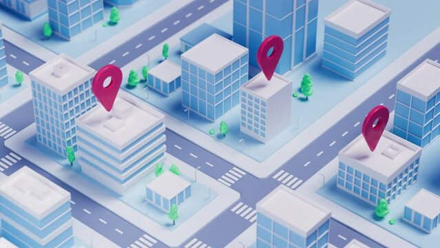City or town animation. location pin or mark. Urban landscape, streets, buildings. taxi service, navigation or gps concept. Animated stock footage, 3D rendering. Map of downtown or business distric