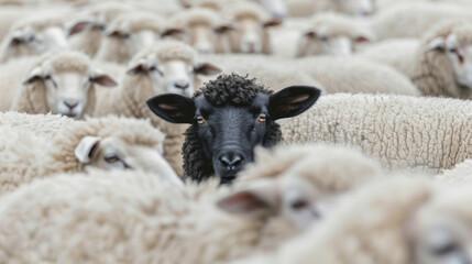 : An intriguing image featuring a black sheep within a flock of white sheep, set against a clean and uncluttered background, symbolizing uniqueness and individuality.