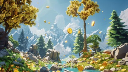 Sunlit Forest Glade With Collectible Coins and Mountain Backdrop