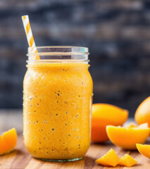 Close-up of a mason jar filled with orange mango smoothie, garnished with fresh mango chunks and orange slices. AI generated.