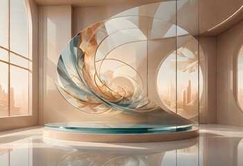 Elegant modern interior featuring transparent glass structures complemented by a beautifully designed wooden staircase and ornate details, generated with AI.