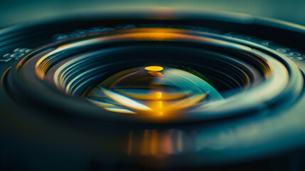 Macro shot of a camera lens aperture in low light, focusing on the details of the lens rings - obrazy, fototapety, plakaty