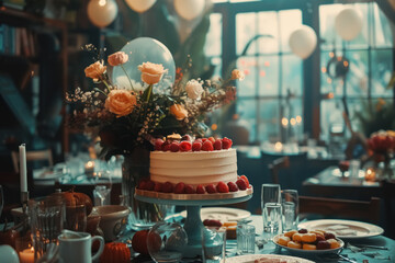 elegant evening celebration with a gourmet cake, floral arrangements, and ambient lighting in a cozy indoor setting