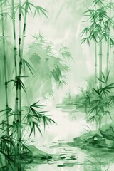 watercolor oil painting, featuring bamboo trees with muted colors.
