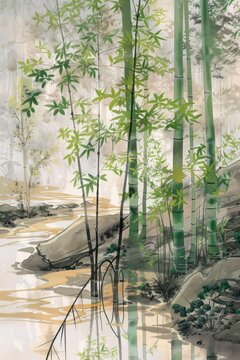 Watercolor painting of bamboo trees with calm colors, featuring traditional brushstroke techniques