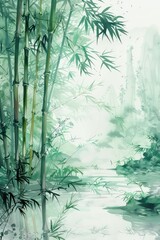 Watercolor painting of bamboo trees with calm colors, featuring traditional brushstroke techniques