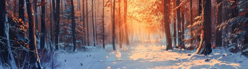 panoramic view 32:9 landscape sun behind pine trees full of snow in winter in high resolution and quality - obrazy, fototapety, plakaty