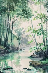 watercolor oil painting, featuring bamboo trees with muted colors.
