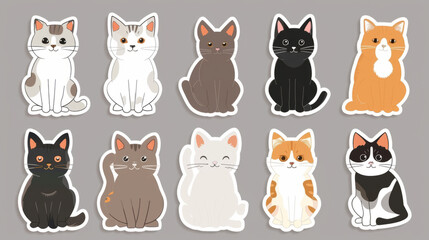 Cat portrait stickers with a selection of adorable cat breeds on a clean background. - obrazy, fototapety, plakaty