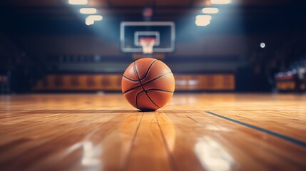 Artistic image of a basketball on the court floor.