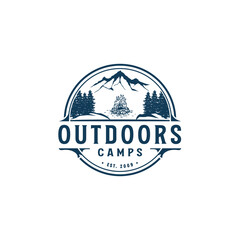 outdoor mountain fire camping line art vector logo and template
