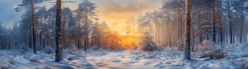 Panoramic view 32:9 landscape sun behind pine trees full of snow in winter in high resolution and high quality. WINTER CONCEPT, snow - obrazy, fototapety, plakaty