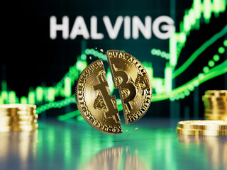 Golden Bitcoin coin split in half in front of a bullish BTC candlestick price chart background, concept of Halving, an event that occurs every four years and divides miners' rewards in half