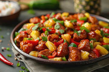 delicious sweet and sour chicken with colorful bell peppers, pineapple chunks, garnished with sesame seeds and green onions on a plate - obrazy, fototapety, plakaty