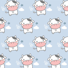 Cute cow with cloud on blue background. Cute cow vector seamless Pattern isolated repeat background wallpaper.	