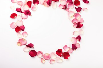 A heart-shaped arrangement of pink and red rose petals on a white background, symbolizing love and romance.