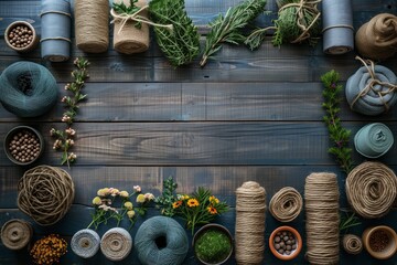 Artistic layout of yarn balls and craft materials