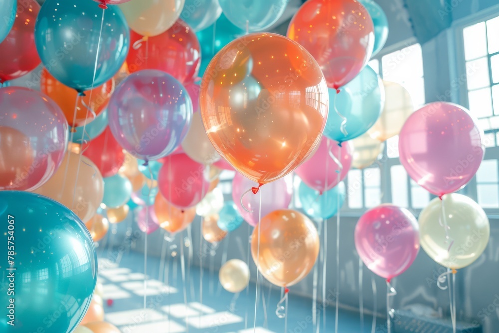 Poster an array of vibrant balloons fills the space with a festive atmosphere in a room with large windows 